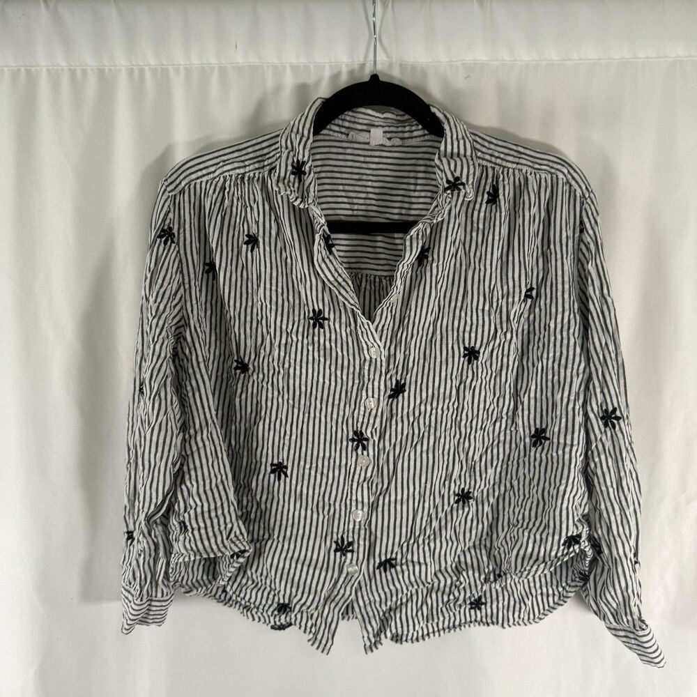 Jane Delancey Blouse Women's XL Black White Striped Floral Button Up Cropped